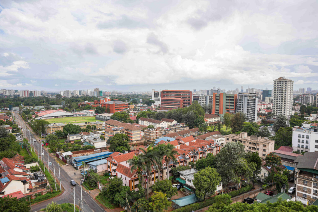 Aerial view over Parklands rooftops towards the Nairobi CBD from 5th Park Heights